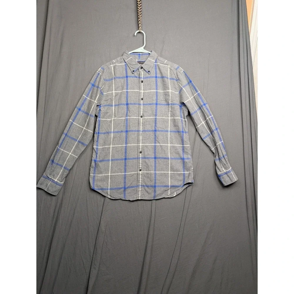 Banana Republic Men's Size Large Button Up Shirt Gray Blue Plaid Long Sleeve‎